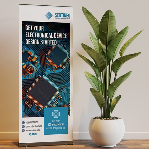 Design of a roll-up banner for a trade-fair introducing our Electronic Design Agency! Design by BrainStorm.