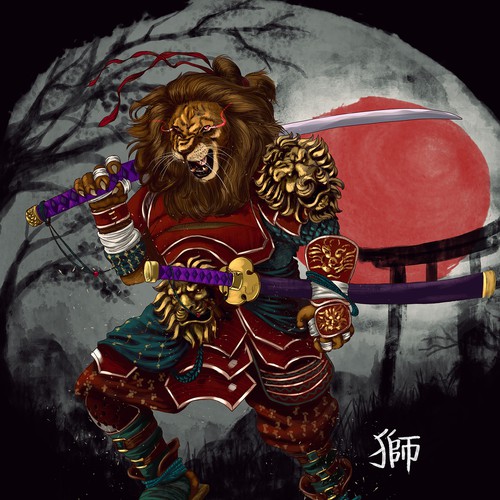 Manga style samurai lion illustration Design by Kumail Shareef