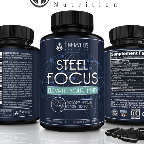 Design a  powerful modern label ( Brain Supplement)for a premium health supplement brand. Design by lantonx