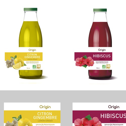 Labels for ORIGIN juice International organic soft drinks brand