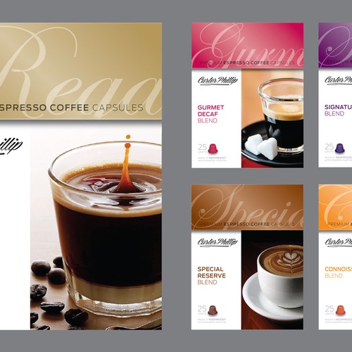 Design an espresso coffee box package. Modern, international, exclusive. Design by Sonia Maggi