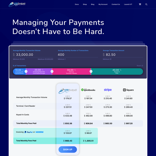 Design a landing page for a credit card processing comparison calculator. Design by Nash Radak