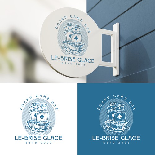 Board game bar logo with tavern design, inspired by vintage ice breaker boat atmosphere - official name is "Le Brise-gla Design réalisé par Logo Stadium