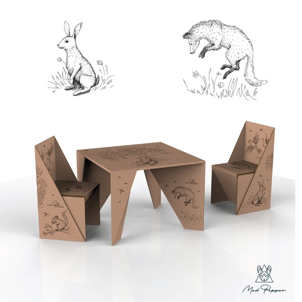 Animal illustrations for Children's cardboard Table and Chairs set
