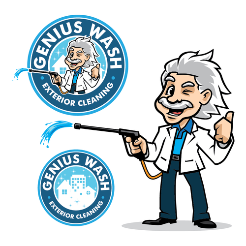 A slick & animated einstein lookalike spraying water out of a hose for my  business 