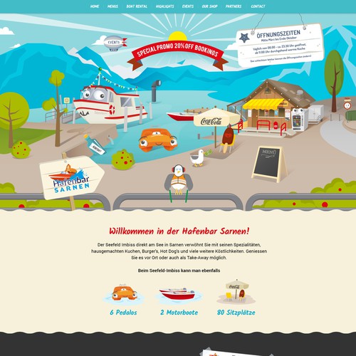 FUNNY web design needed for our snack bar with pedalo & boat rental. The design should be built around our illustration Design by j u s t e