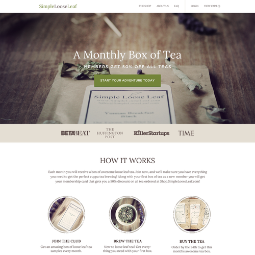 Landing Page/Subscription Signup Page for a Tea of the Month Subscription Box Design by KimKiyaa