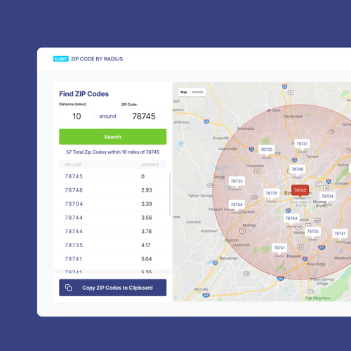 Designs 1 Page  App to Show Zip Codes in A Radius Other web or