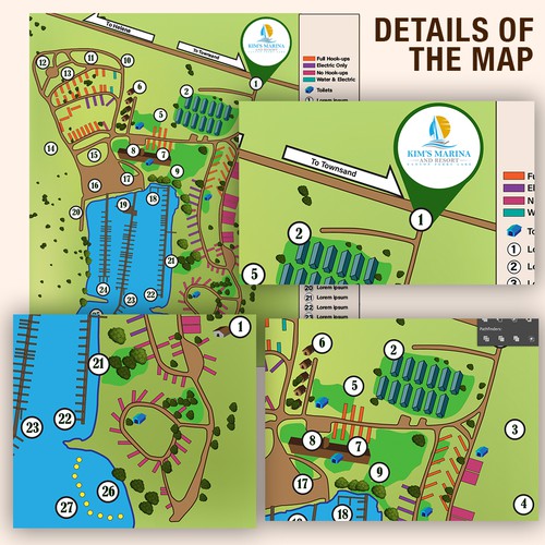 Please design a simple, fresh, updated map of our campground and marina for our website Design by Andreart Q