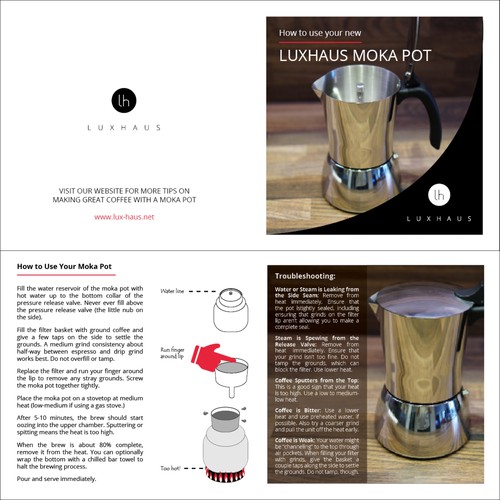 Design a moka pot instruction pamphlet for luxhaus