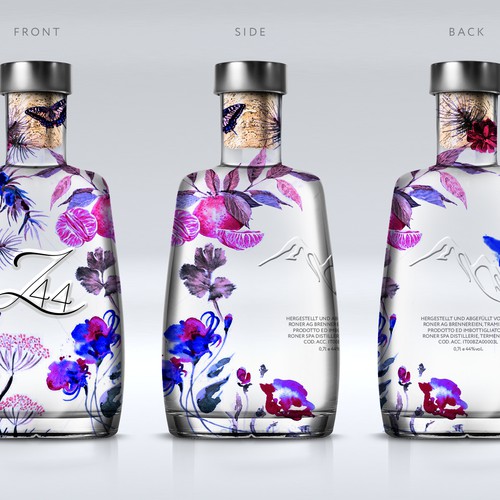 Gin Bottle & packaging design + merchandising Design by bcra
