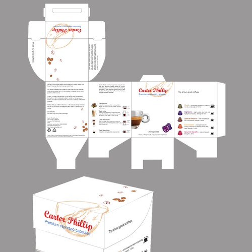 Design an espresso coffee box package. Modern, international, exclusive. Design by dankataa