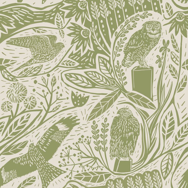 Seamless pattern linocut birds of prey