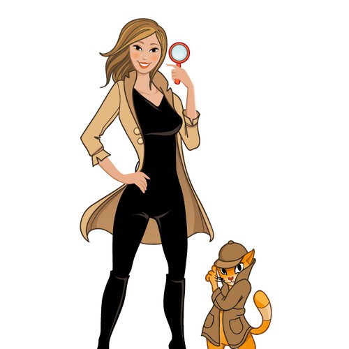 A detective girl cartoon with cat sidekick for Book cover | Logo design