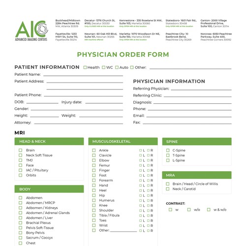 Advanced Imaging Centers Order Form and infographic Diseño de Scarecrow Production