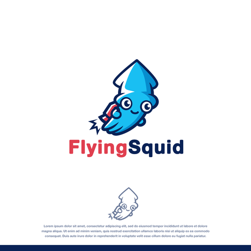 Logo of a squid wearing a jetpack for product named FlyingSquid Design by Rock N Draw