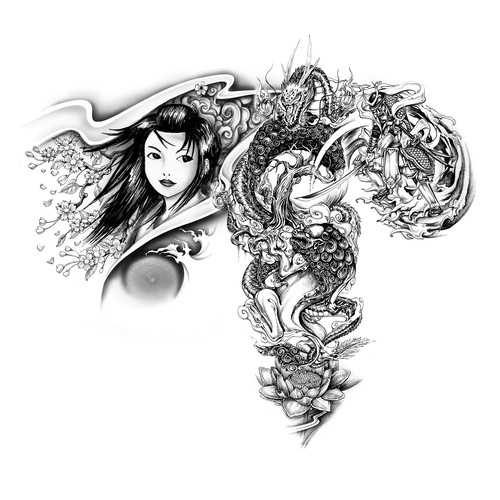 asiatisches S/W-Tattoo /  black&white tattoo asian style Design by simbe