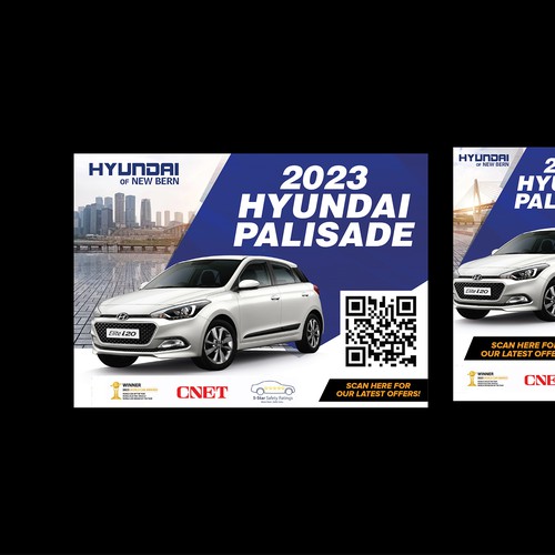 Flyer for Hyundai car dealership showing off the new Palisade and Elantra Design by Graphics House