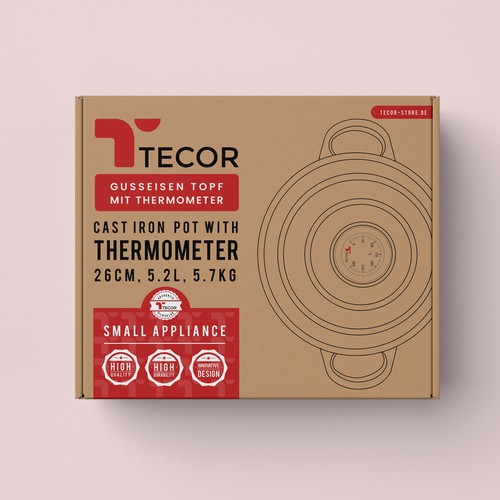 Packaging design for a cast iron pot with Thermometer from TECOR.  Logo available!! Design by United Monks