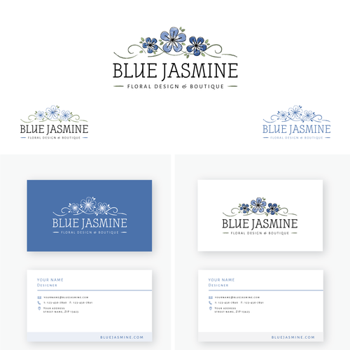 LOGO & BUSINESS CARD DESIGN FOR BLUE JASMINE LLC FLORAL DESIGN AND BOUTIQUE Design by Melanie Lauren