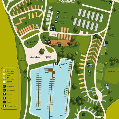 Please design a simple, fresh, updated map of our campground and marina for our website Design by Active Theory ✦✦✦