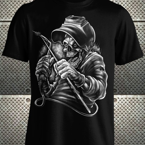 Welders Shirt Design With Skull Grinning and Welders Helmet Design by ferBow77