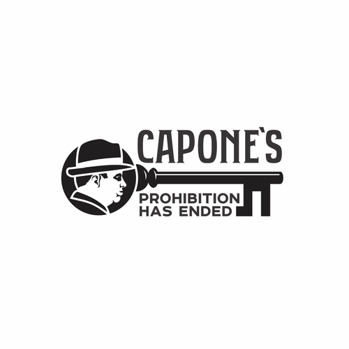 Design a prohibition style logo with a old key and al Capone face ( side view ) black and white Design by zorndesign