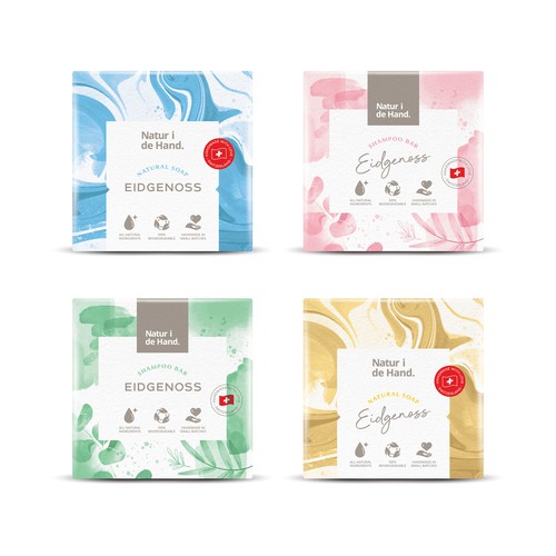 Eye-catching, trendy and environmentally friendly packaging for shampoo bar and natural soap produce Design by AbundanceGraphic