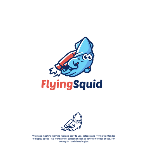 Logo of a squid wearing a jetpack for product named FlyingSquid Design by Rock N Draw