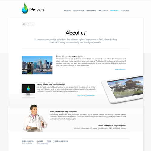 New website design for LifeTech: We turn air into drinking water. デザイン by Creative Zeune