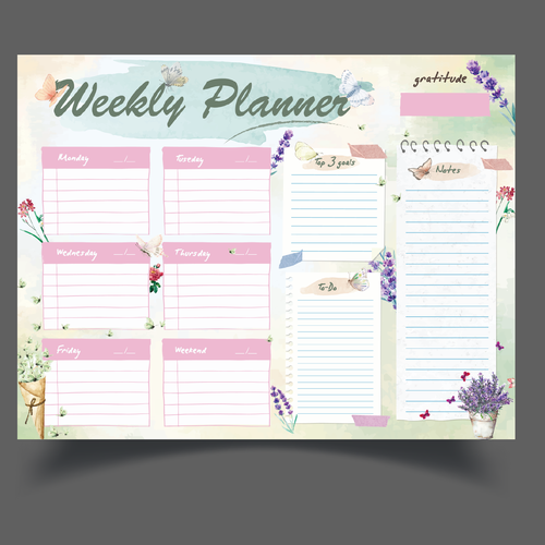 Design a weekly planner template with graphical elements. Design réalisé par ✒️ Maii.sh