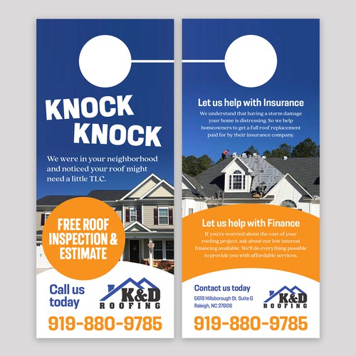 Need an ATTRACTIVE door hanger for K&D Roofing! Diseño de Jordon