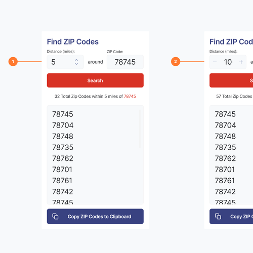 Designs 1 Page  App to Show Zip Codes in A Radius Other web or