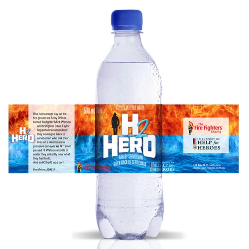 Create a capturing energetic and heroic design bottled water label that captures charitable minds Design by Adrian Medel Aceiro