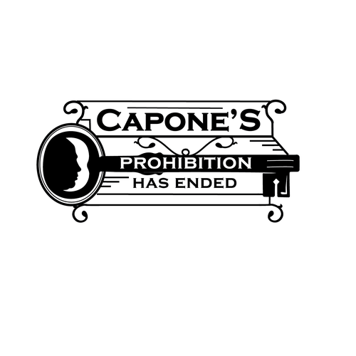 Design a prohibition style logo with a old key and al Capone face ( side view ) black and white Design by Ida11