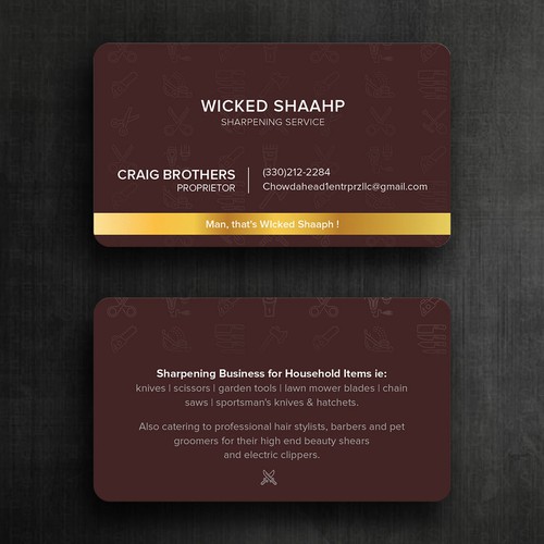 Business card design that highlights my sharpening service and my Boston accent inspired slogan Design by Felix SH