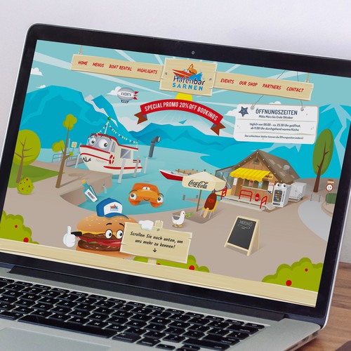 FUNNY web design needed for our snack bar with pedalo & boat rental. The design should be built around our illustration Design by j u s t e