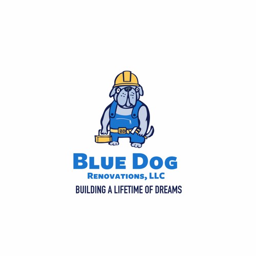 Design a company logo to reflect company name. A Blue Dog (Bulldog) With a hardhat, toolbelt w/cigar Design by apelsini