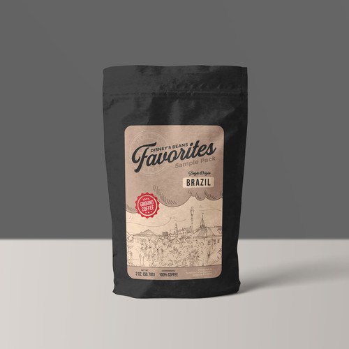 Disney's Beans First custom ground coffee product label Design by nuke.art