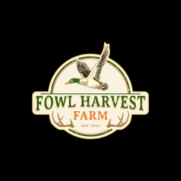 Vintage hand-drawn logo for FOWL HARVEST FARM