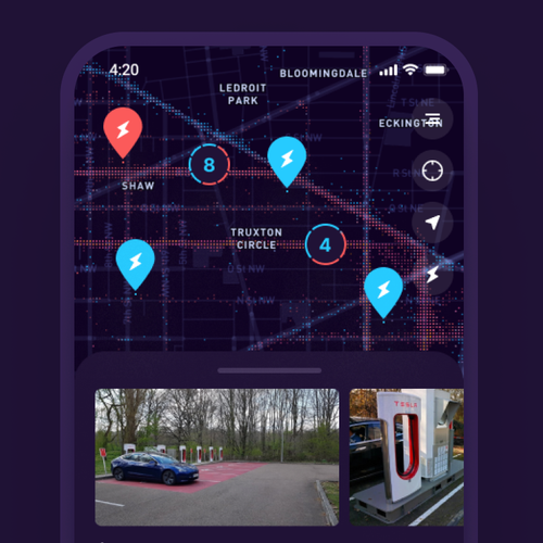 Tesla App to localise charging point on a map Design by Yokha Shilin
