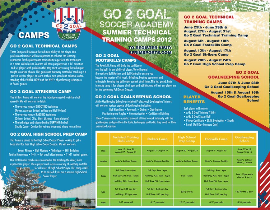 New Soccer Camp Brochure wanted for Go 2 Goal Soccer Academy Postcard