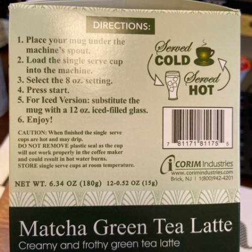 Corim Matcha Green Tea Latte, 12 Single Serve Cups