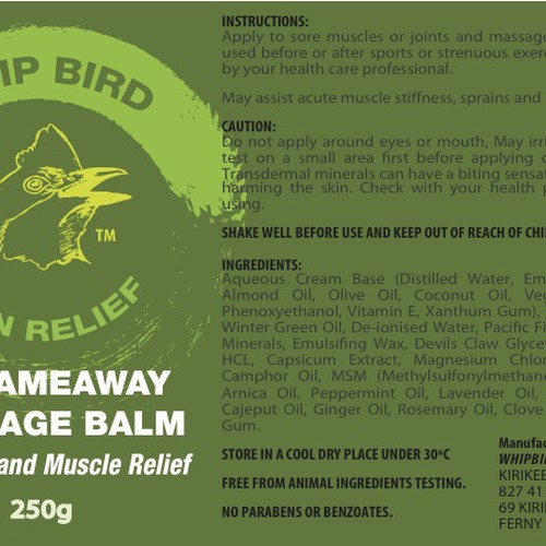 Create the next product label for Whipbird Pain Relief Pty Ltd Design by epokope