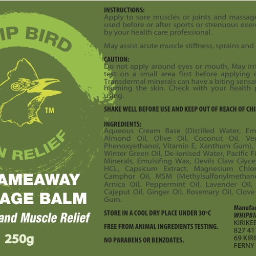 Create the next product label for Whipbird Pain Relief Pty Ltd Réalisé par epokope