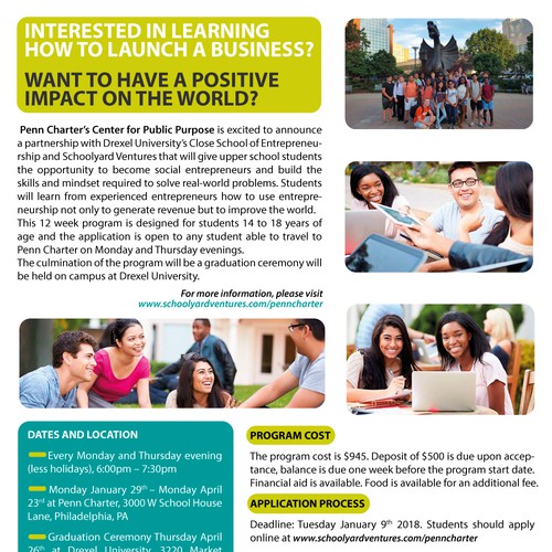 One page flyer for program that supports teen entrepreneurs Design by DianaPetrarca