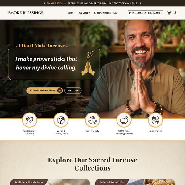 Design by Studio MH titled "Shopify homepage for SmokeBlessings incense brand"