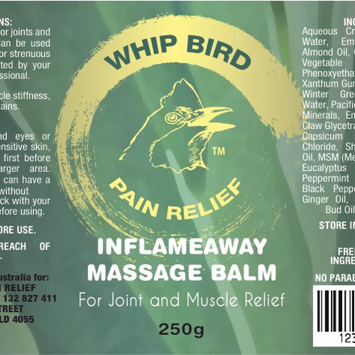 Create the next product label for Whipbird Pain Relief Pty Ltd Réalisé par epokope