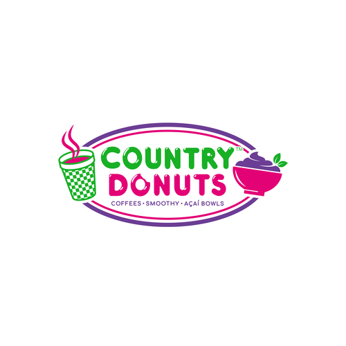 We need a modern exciting logo to encompasses our Name Country Donuts Coffee smoothy bowls Design réalisé par crapit