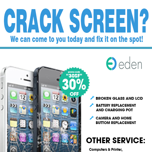 Create a flyer for Eden. Empowering people with cracked screen repair! Design by BeCr8tive